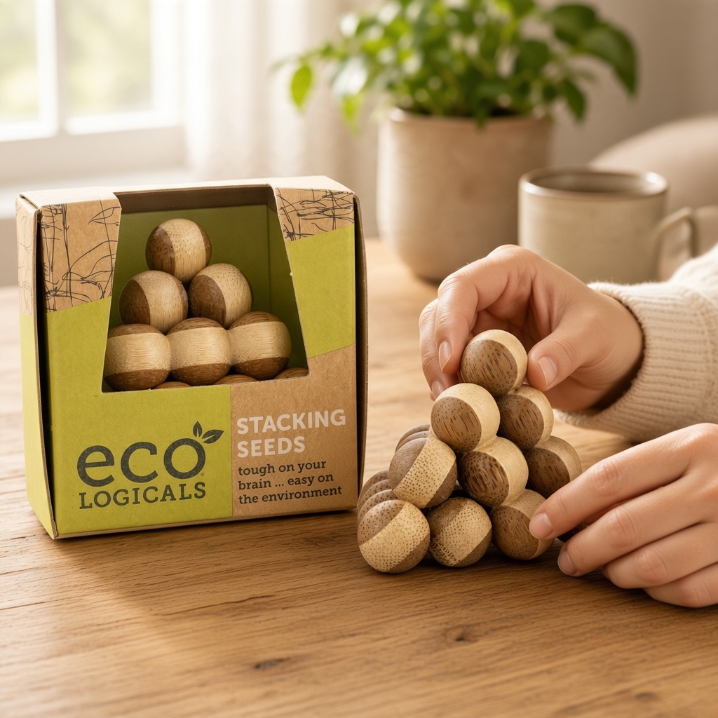 Mellow Monkey Mini Eco Logicals bamboo stacking puzzle being assembled by hand on a wooden table.