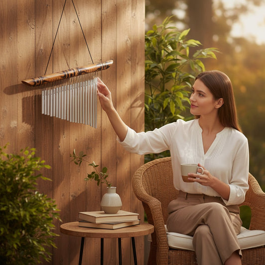 Mellow Monkey bamboo wind chime with silver metal tubes, featuring a decorative bamboo top, hanging on a wooden wall.
