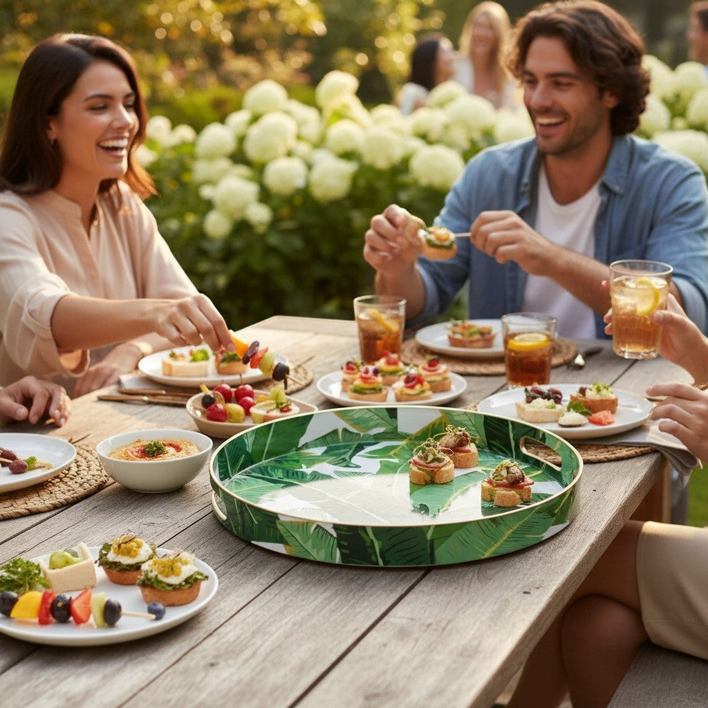 Mellow Monkey banana leaf print round resin serving tray with gold trim and handles.