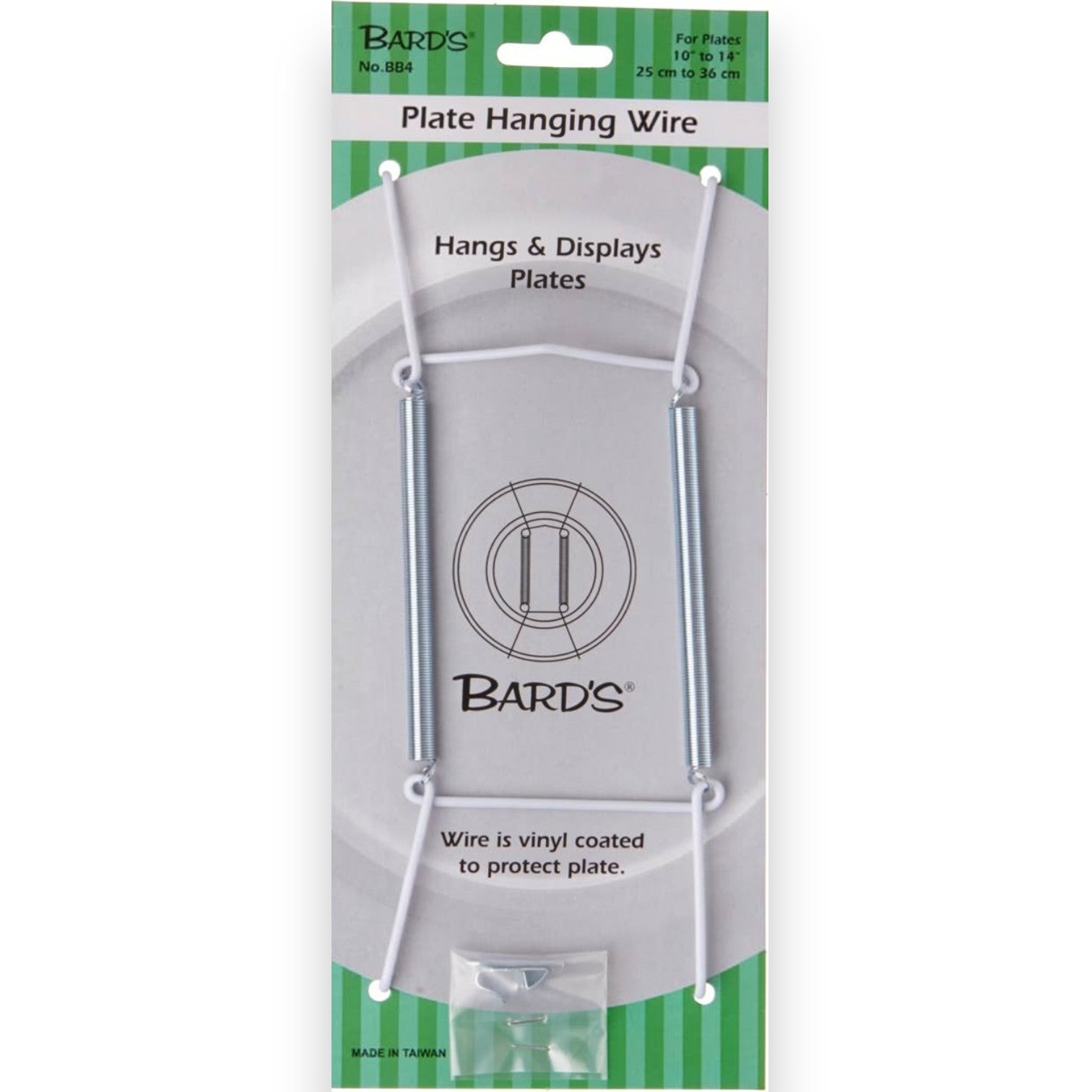 Mellow Monkey Bard's white vinyl-coated wire plate hanger for 10 to 14 inch decorative plates on display packaging.