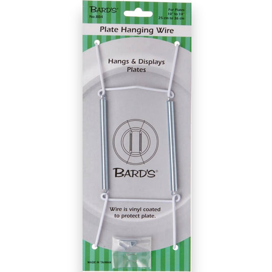 Mellow Monkey Bard's white vinyl-coated wire plate hanger for 10 to 14 inch decorative plates on display packaging.