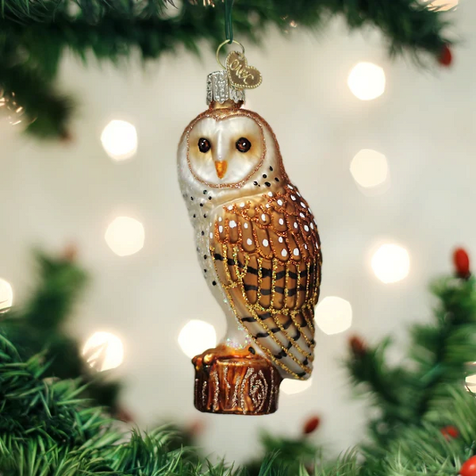 Mellow Monkey barn owl hand-blown glass holiday ornament with detailed brown and white feathers on a tree branch