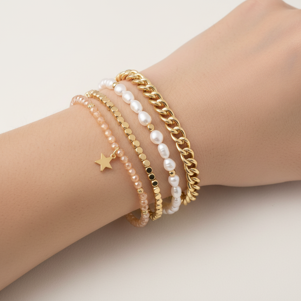 Mellow Monkey Sahara Aurora Borealis bracelet stack featuring freshwater pearls, gold chain, and a star charm.