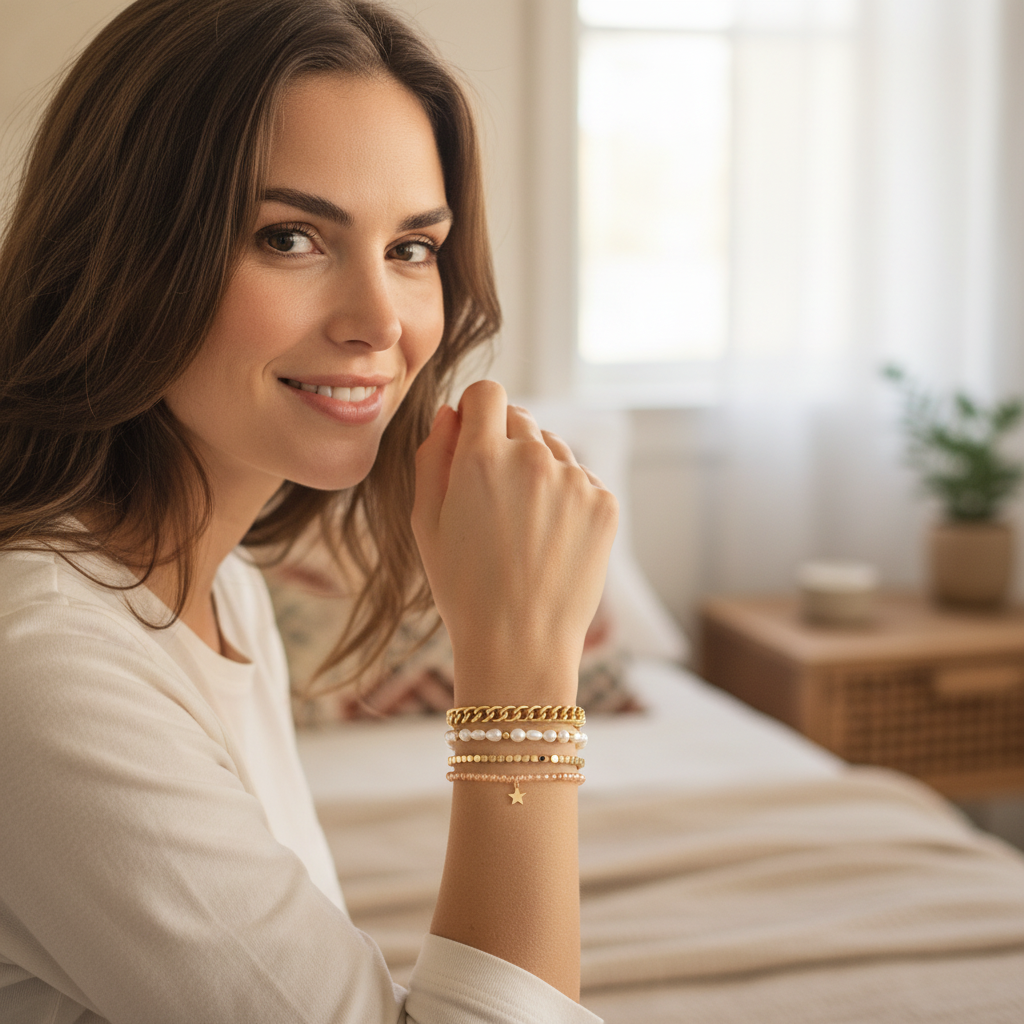 Mellow Monkey Sahara Aurora Borealis baroque pearl bracelet set with gold chain and star charm on a woman's wrist