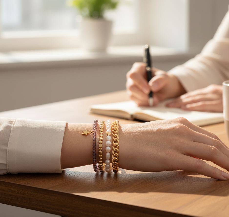 Mellow Monkey bracelet stack featuring freshwater pearls, plum crystal beads, and a gold-plated star charm on a wrist.