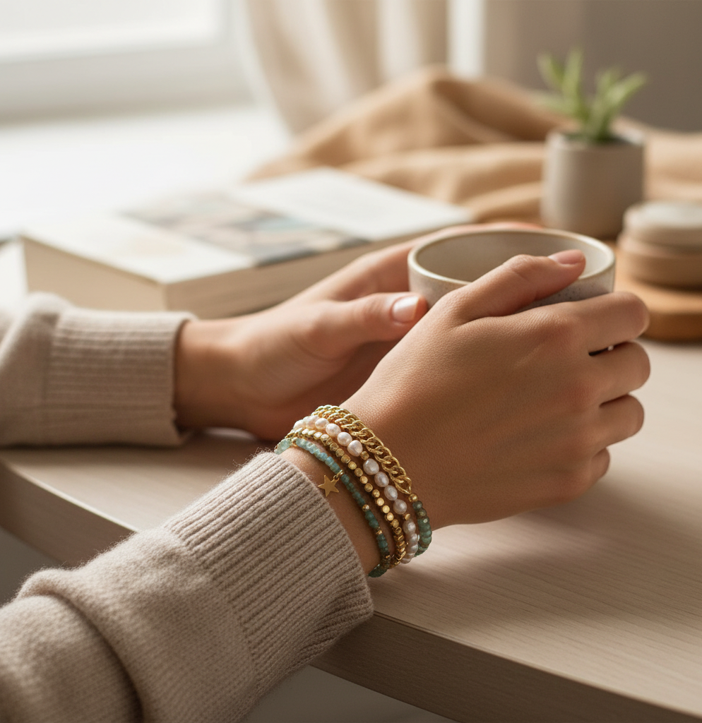 Mellow Monkey bracelet set featuring freshwater baroque pearls, sand-colored crystals, and a 14K gold-plated charm.