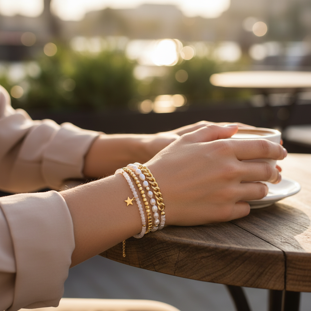Mellow Monkey bracelet set featuring freshwater baroque pearls, gold beads, and a star charm on a woman's wrist.