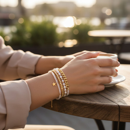 Mellow Monkey bracelet set featuring freshwater baroque pearls, gold beads, and a star charm on a woman's wrist.