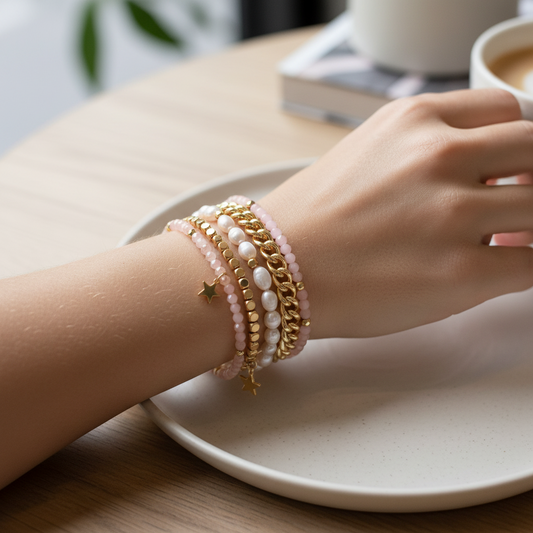 Mellow Monkey bracelet stack featuring freshwater baroque pearls, pink crystals, and 14K gold-plated star charms.