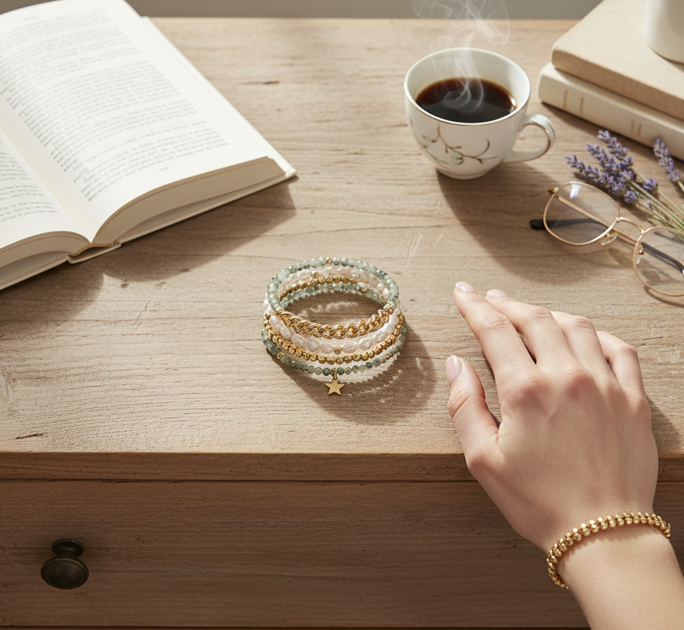 Mellow Monkey bracelet set featuring freshwater baroque pearls and sage green crystals with a 14K gold-plated charm.