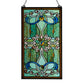 Mellow Monkey Baroque ribbon stained glass window panel with teal, blue, and jewel-toned hand-cut glass and rosettes.