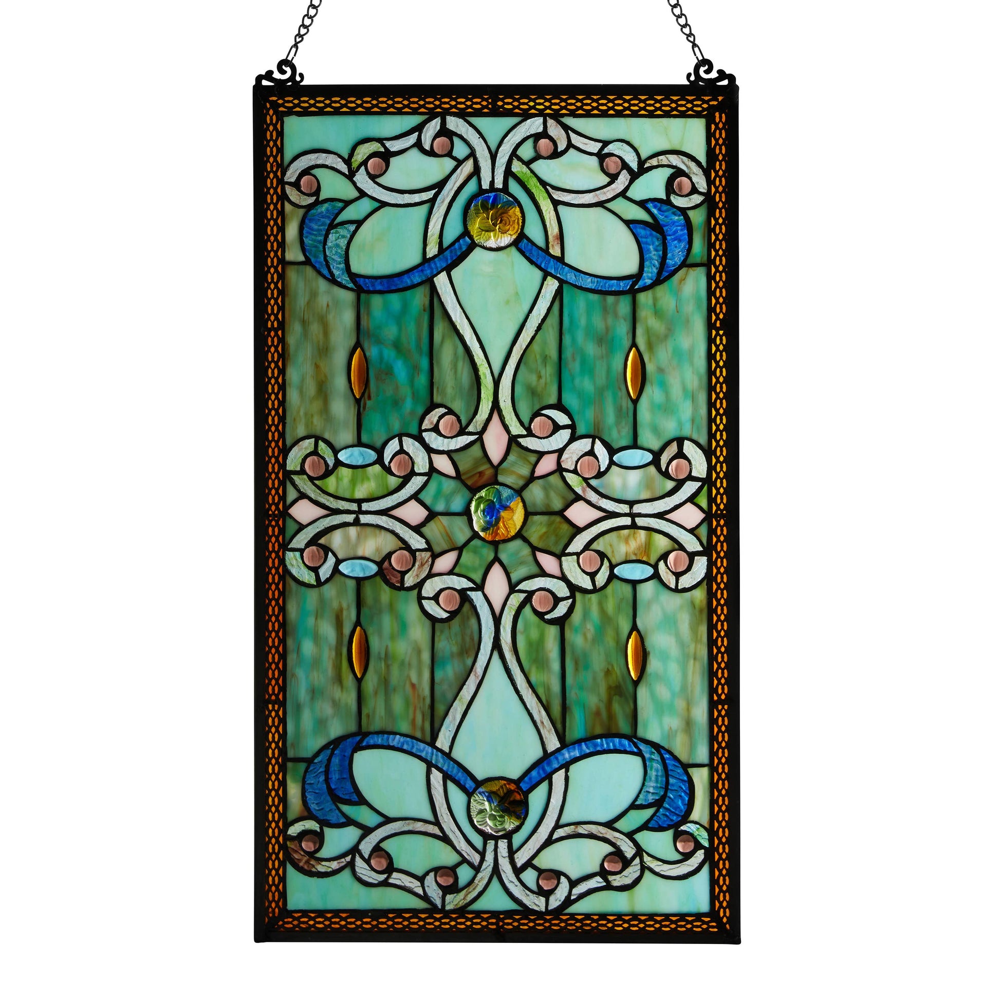 Mellow Monkey Baroque ribbon stained glass window panel with teal, blue, and jewel-toned hand-cut glass and rosettes.