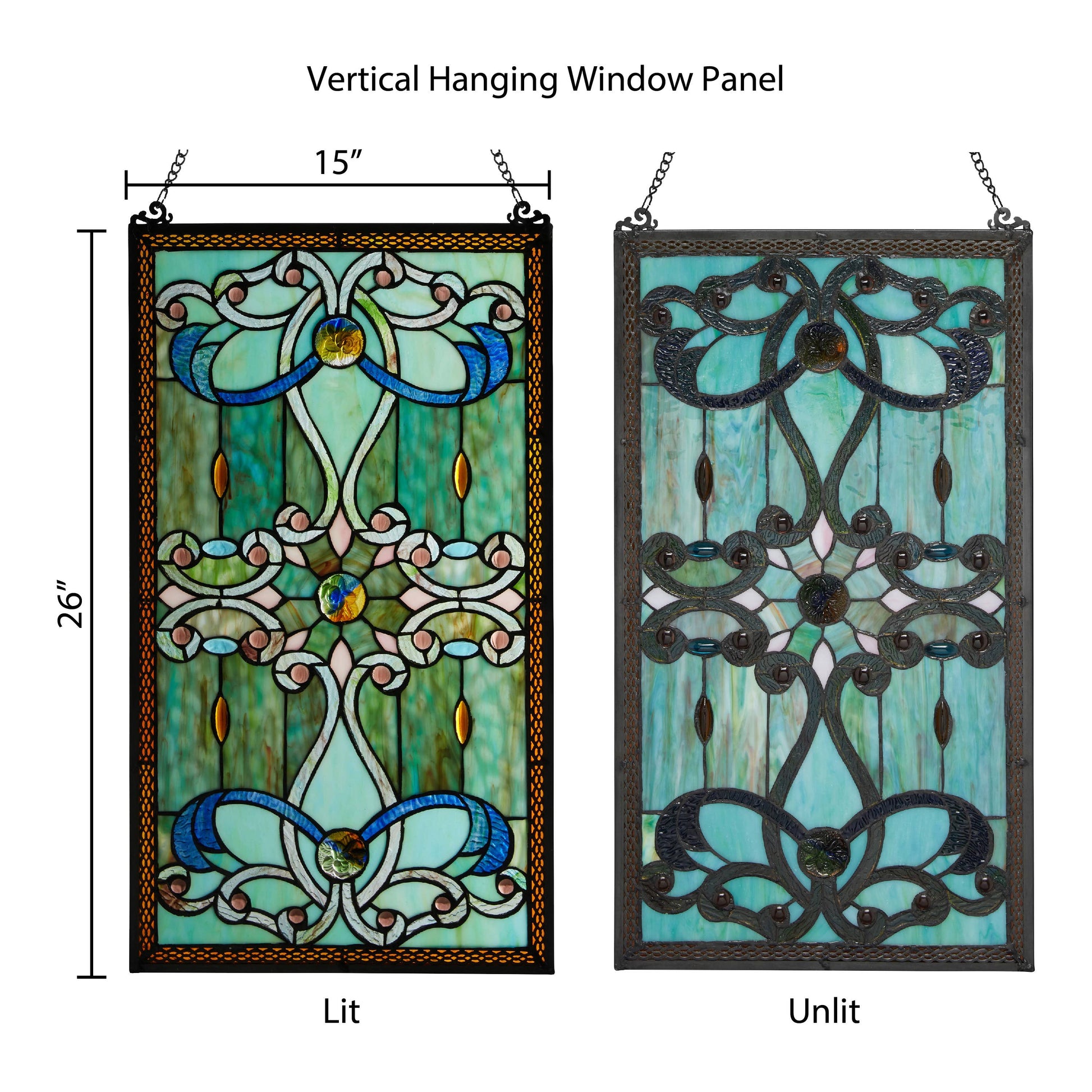 Mellow Monkey Baroque ribbon stained glass window panel with jewel-toned glass, cabochons, and metal frame.