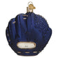 Mellow Monkey dark blue blown glass baseball mitt ornament with glitter accents and MLB logo.
