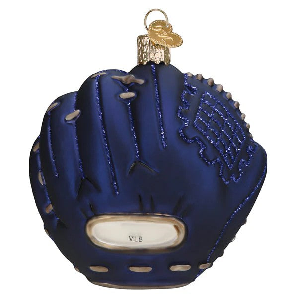 Mellow Monkey dark blue blown glass baseball mitt ornament with glitter accents and MLB logo.