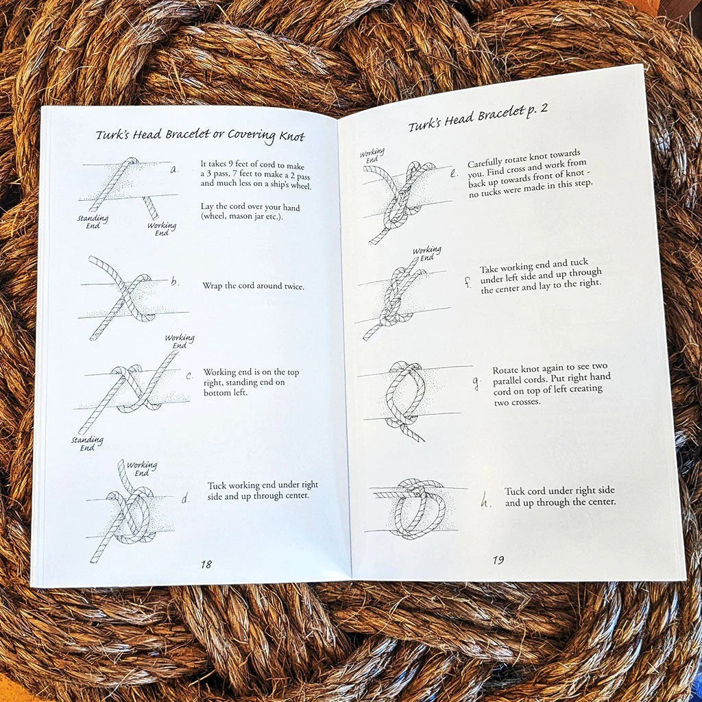 Mellow Monkey Basic Knot Book open to pages showing hand-illustrated instructions for tying a Turk's Head knot.