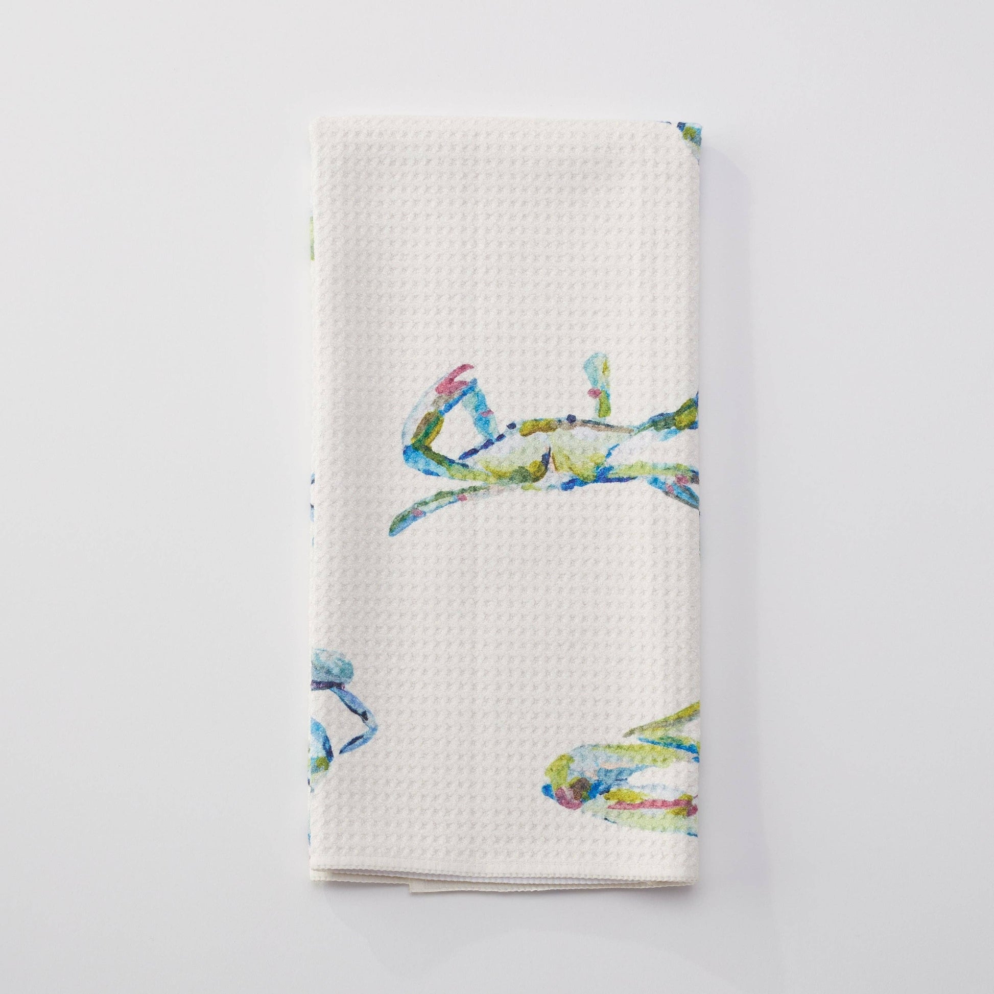 Mellow Monkey Bay Blues microfiber tea towel with colorful crab art by Kim Hovell. 16x24 inches.