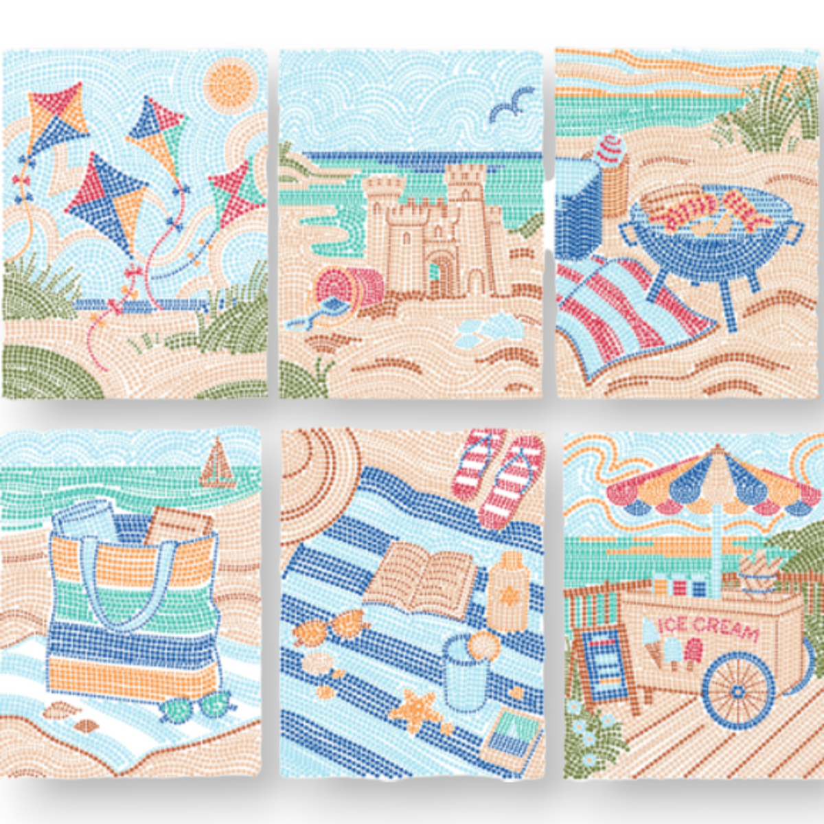 Mellow Monkey Day at the Beach FlowArt dot-by-letter activity sheets featuring colorful seaside summer scenes.