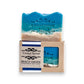 Mellow Monkey Beach Haven handmade bar soap with blue ocean waves and sandy beach design, 4oz.