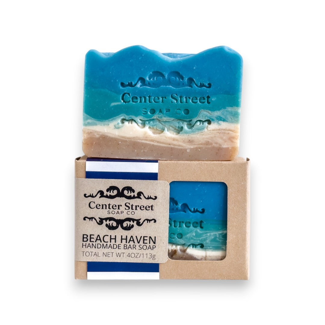 Mellow Monkey Beach Haven handmade bar soap with blue ocean waves and sandy beach design, 4oz.
