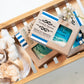 Mellow Monkey Beach Haven handmade bar soap, 4oz, tropical fruit and coconut scent, blue and white marbled design.