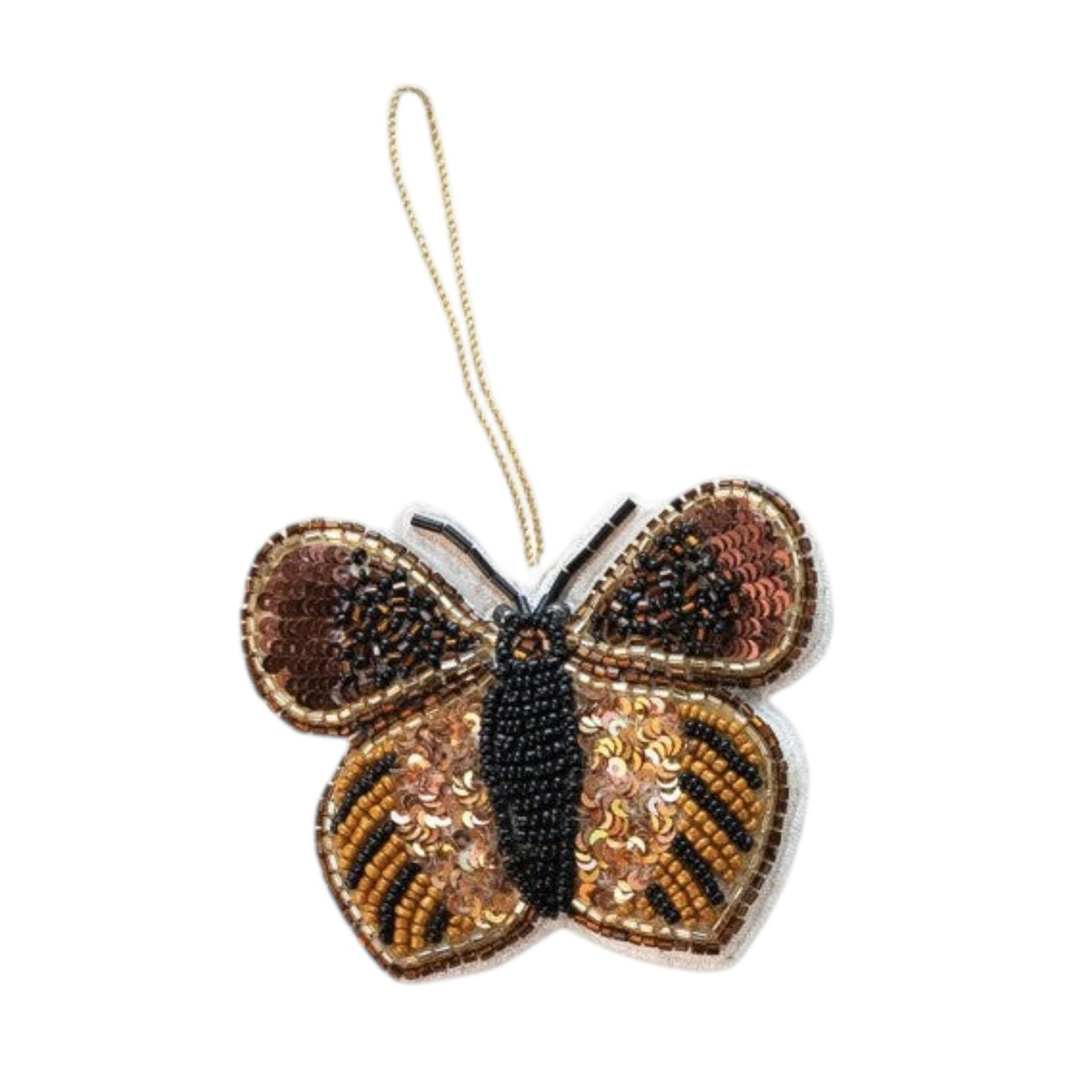Mellow Monkey handmade butterfly ornament featuring brown and gold sequins with intricate black beadwork