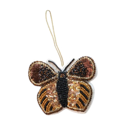 Mellow Monkey handmade butterfly ornament featuring brown and gold sequins with intricate black beadwork