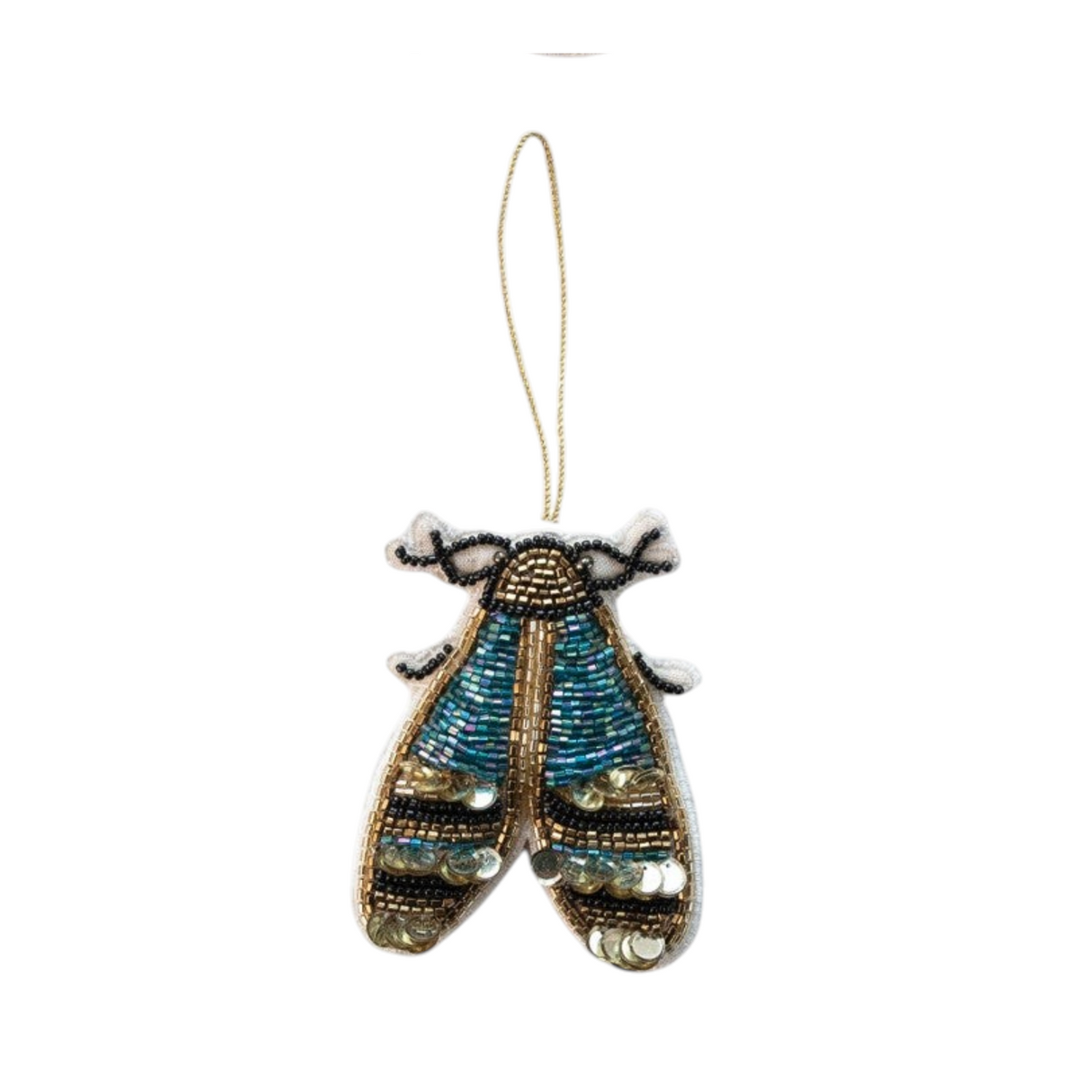 Mellow Monkey handmade fabric insect ornament featuring blue and gold beads and sequins on a cotton base