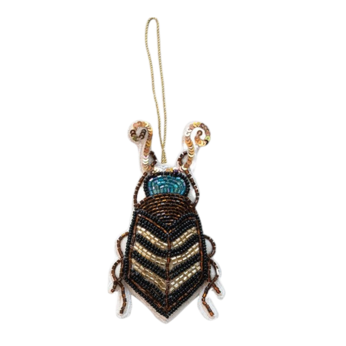 Mellow Monkey handmade 5-inch beaded insect ornament with brown, black, and blue sequins and cotton construction.