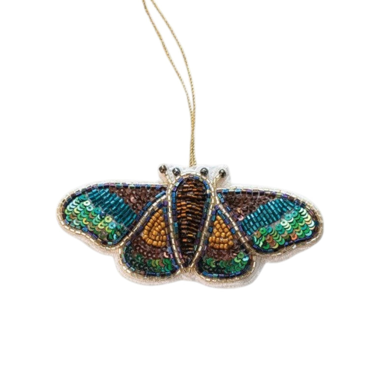 Mellow Monkey handmade beaded moth ornament with iridescent sequins and cotton fabric in brown, green, and blue.