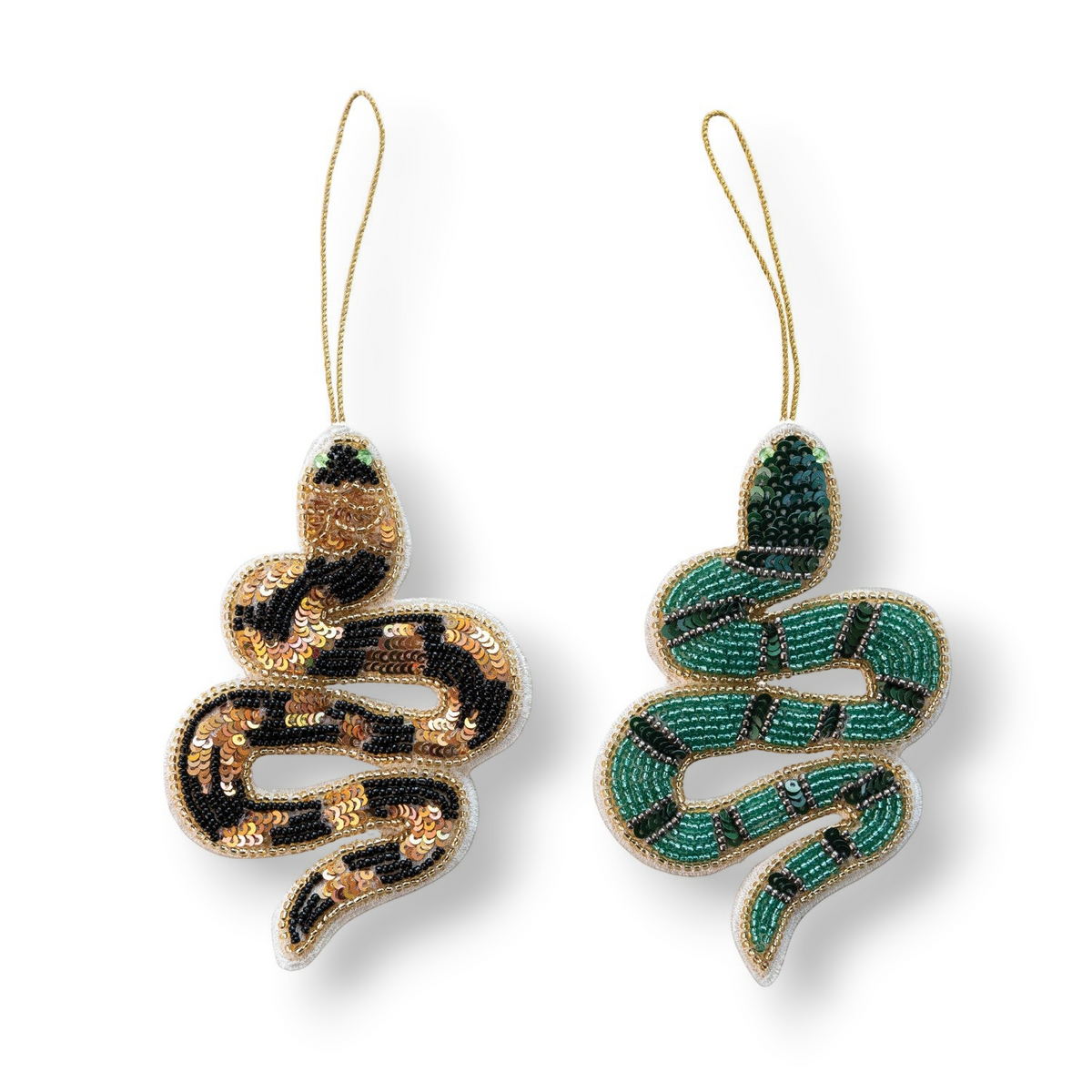 Mellow Monkey handmade cotton snake ornaments with multicolor beads and sequins, featuring gold hanging loops.