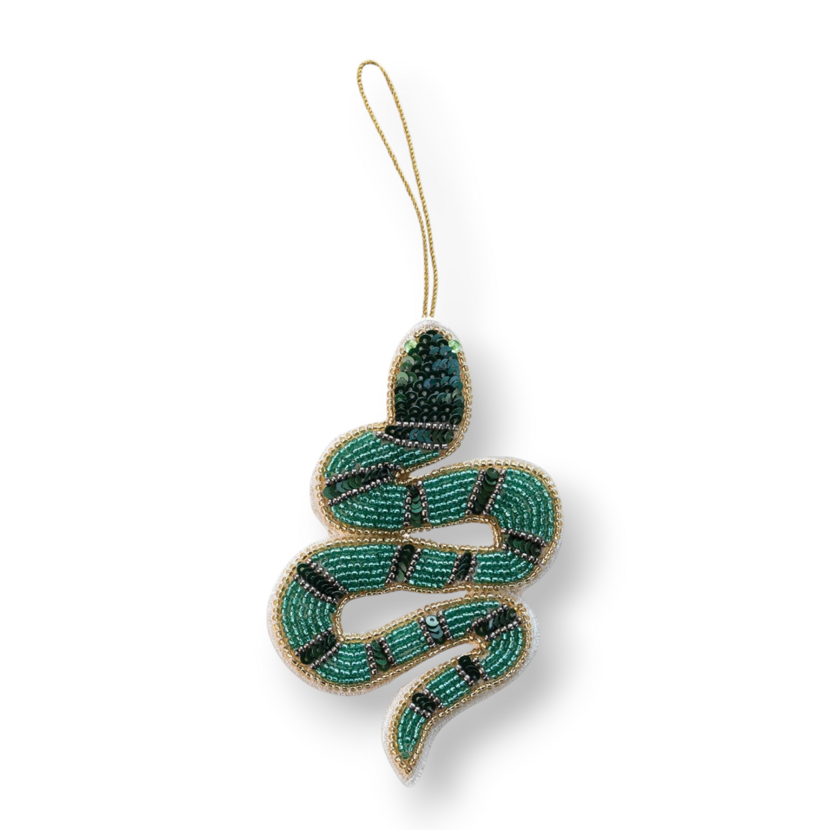Mellow Monkey handmade cotton snake ornament featuring green and black beads with sparkling sequin accents.