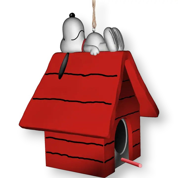 Mellow Monkey Famous Beagle birdhouse featuring a white dog resting on a red roof, hand-painted resin decor.