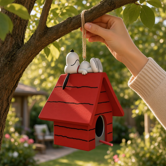 Mellow Monkey hand-painted resin beagle birdhouse featuring a white dog on a red roof hanging from a tree branch