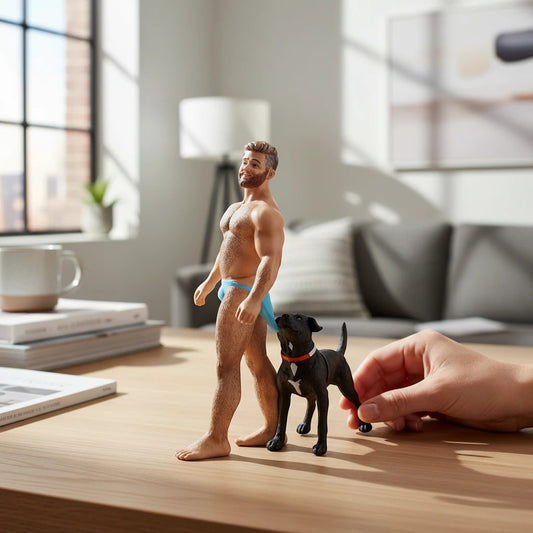 Mellow Monkey December Diamonds CopperTan Bear Figurine with blue speedo and black dog with orange collar.
