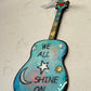 Mellow Monkey Beatles We All Shine On hand-painted wooden guitar ornament with glossy resin finish and ribbon loop.