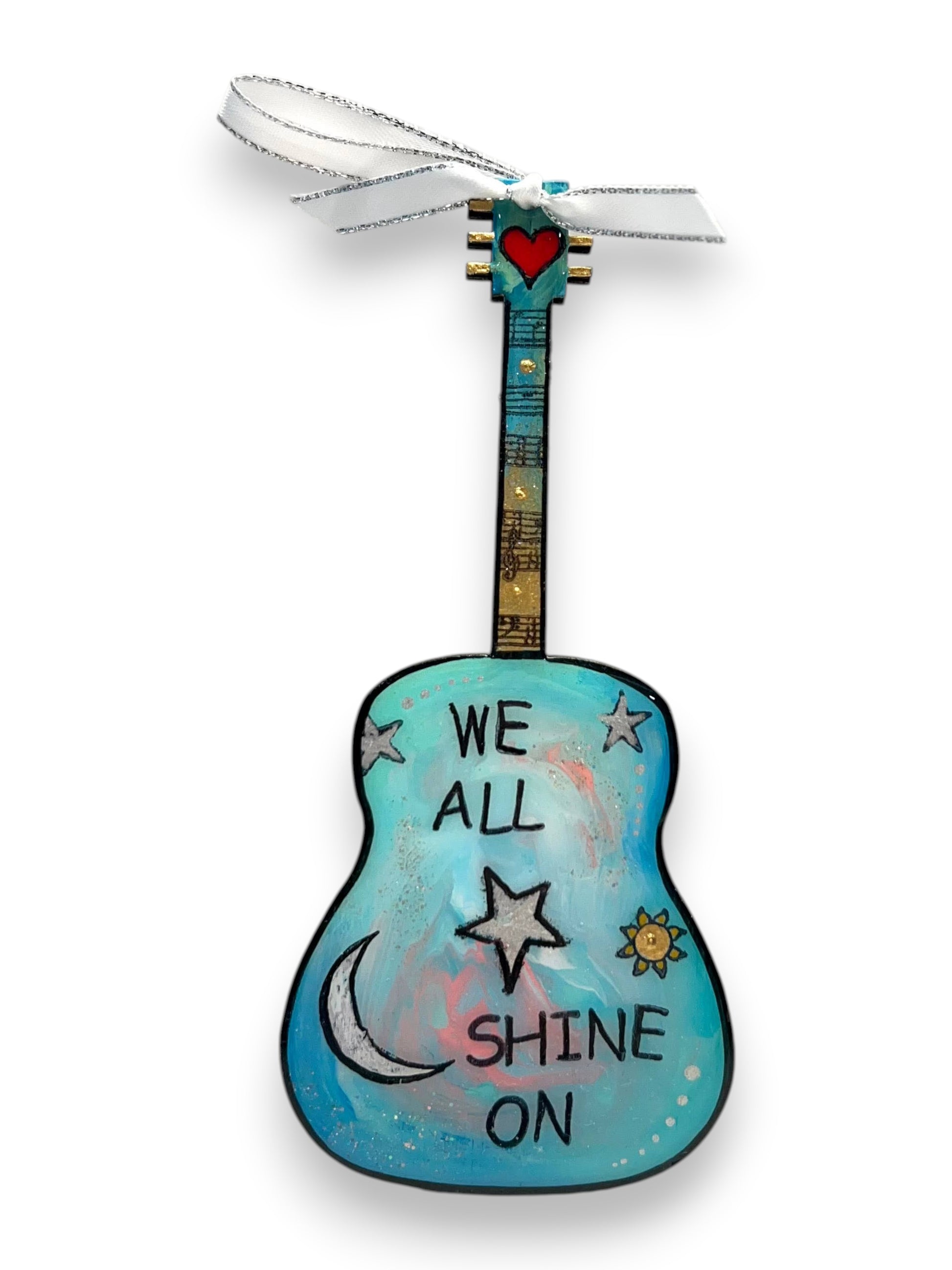 Mellow Monkey Beatles We All Shine On hand-painted wooden guitar ornament with glossy resin finish and ribbon loop.