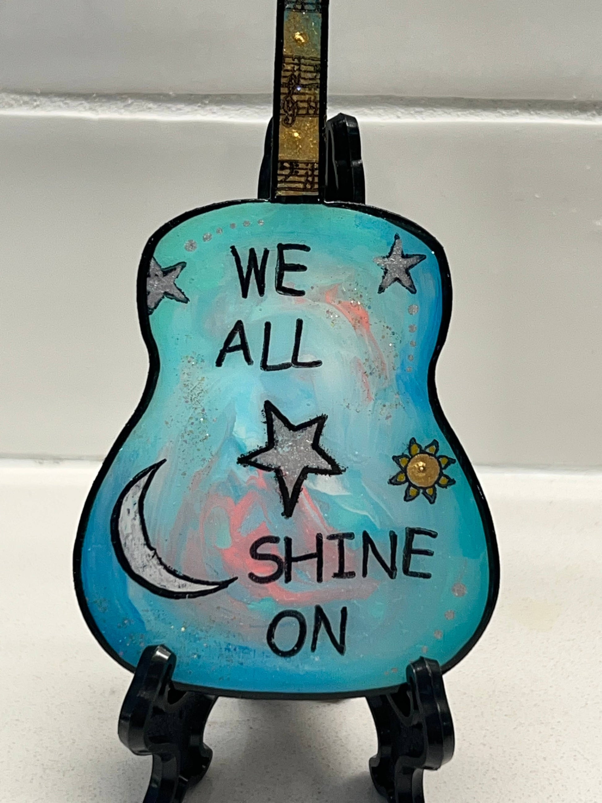 Mellow Monkey Beatles We All Shine On hand-painted wooden guitar ornament with celestial art and glossy resin finish.