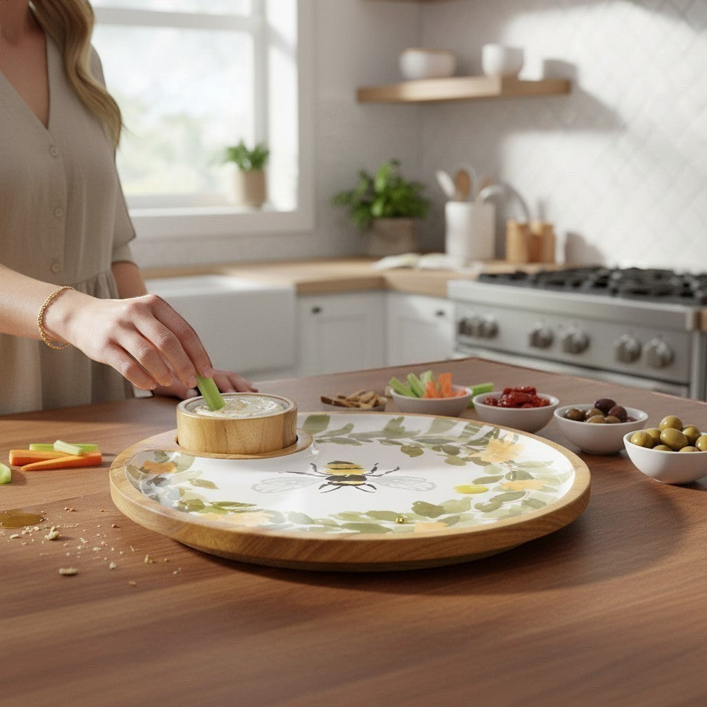 Mellow Monkey 12-in wooden serving tray with bee and floral design, includes ceramic bowl for dips.