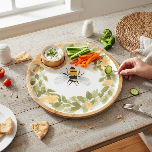 Mellow Monkey bee and floral decorative serving tray with integrated bowl, 12-in, natural wood with watercolor design.