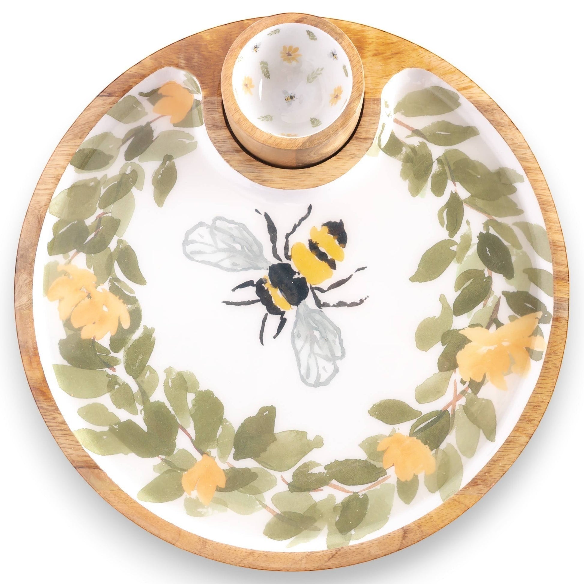 Mellow Monkey 12-in wooden serving tray with integrated ceramic bowl, featuring a watercolor bee and floral design.