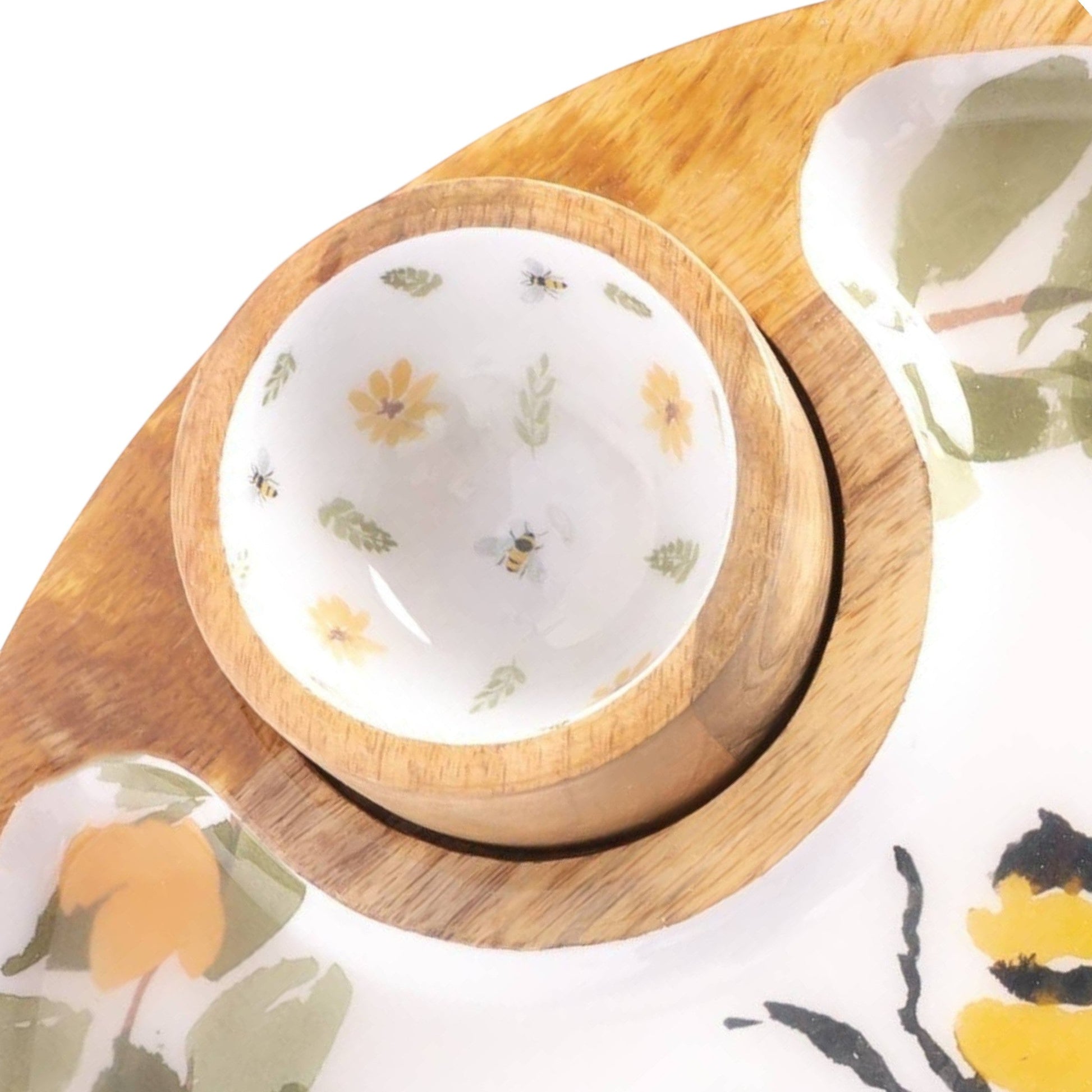 Mellow Monkey 12-in wooden serving tray with integrated ceramic bowl, featuring a watercolor bee and floral design.