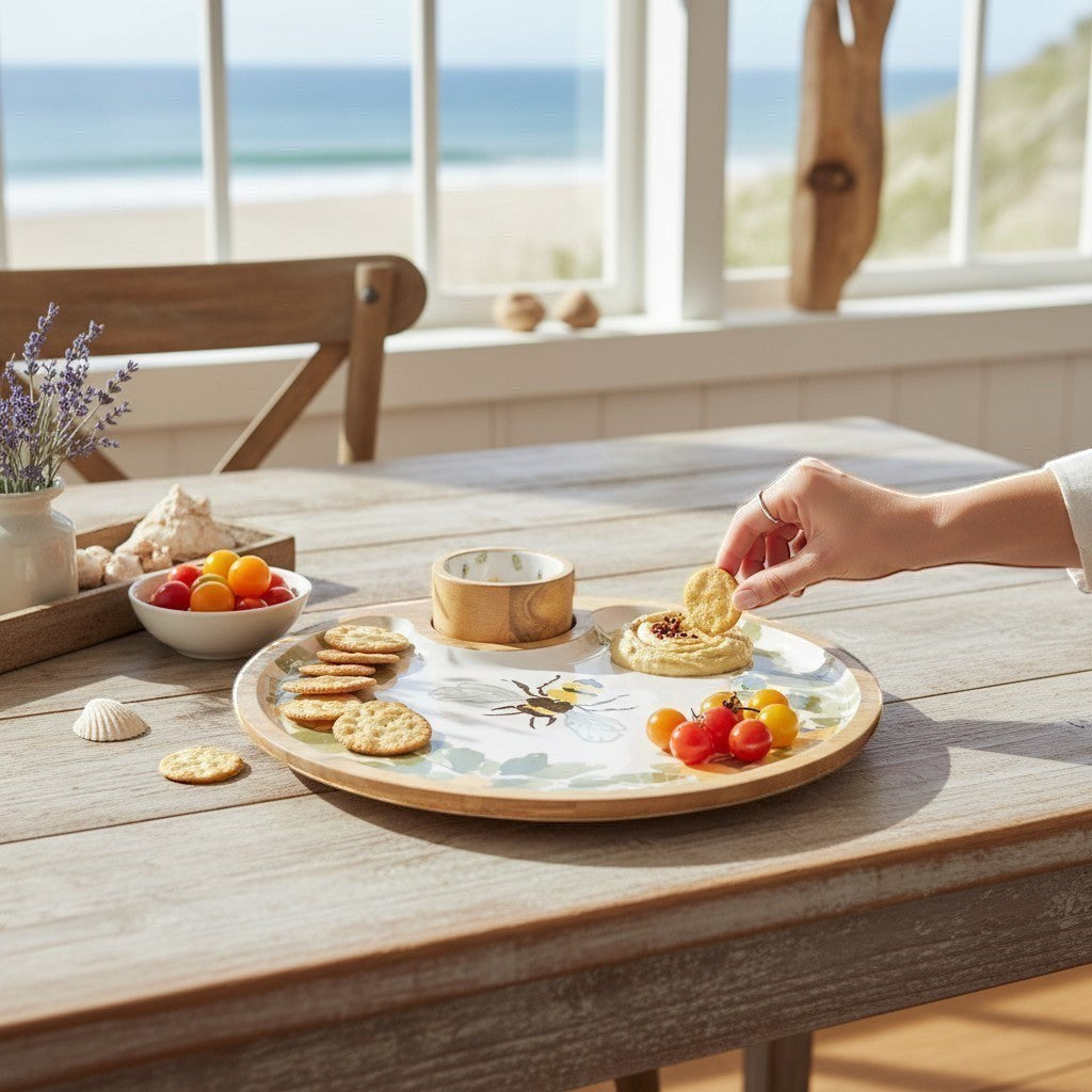 Mellow Monkey 12-in wooden serving tray with integrated ceramic bowl, featuring a bee and floral design. Perfect for snacks and appetizers.