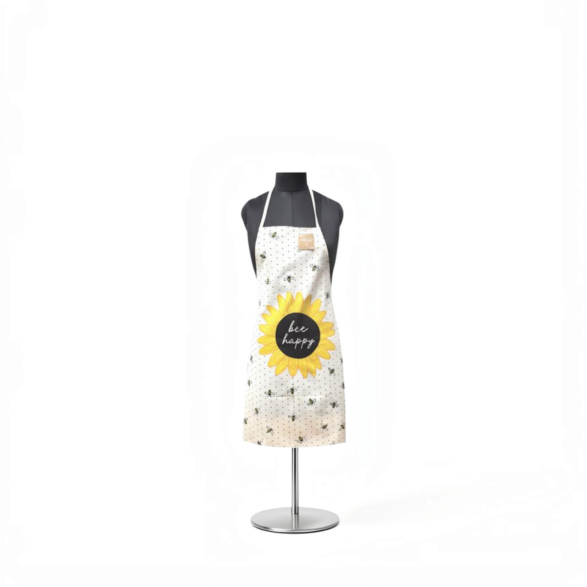 Mellow Monkey khaki canvas apron featuring a Bee Happy sunflower print and small bee pattern on a mannequin