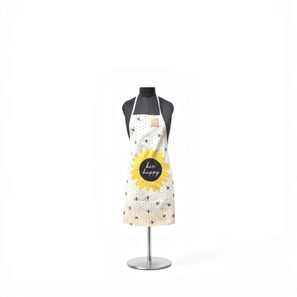 Mellow Monkey khaki canvas apron featuring a Bee Happy sunflower print and small bee pattern on a mannequin