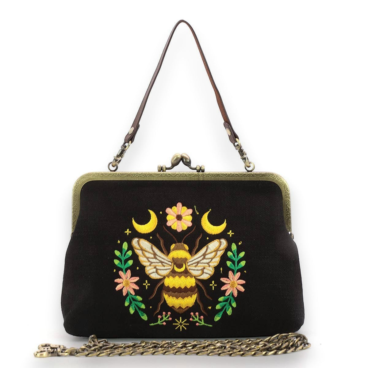 Mellow Monkey black cotton and linen kisslock bag featuring an embroidered bee, floral, and lunar motif.