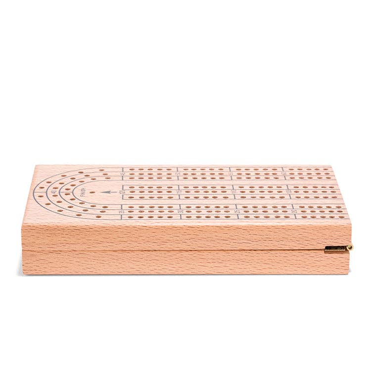 Mellow Monkey beech wood cribbage board with metal hinges and classic scoring track for tactical card games