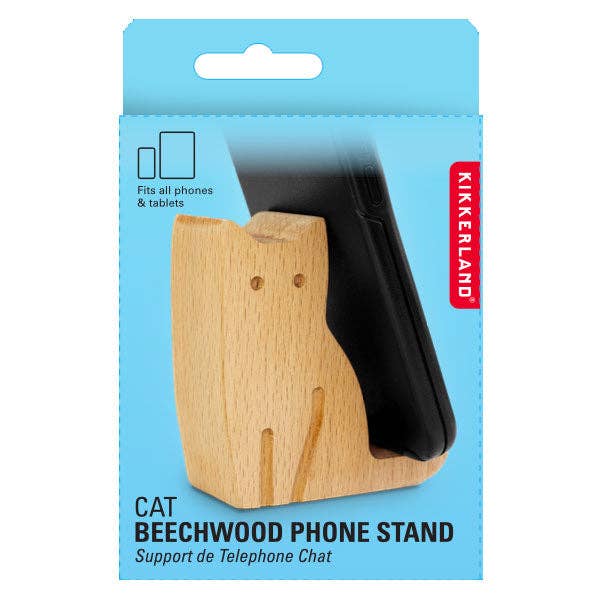 Mellow Monkey cat-shaped beechwood phone stand in retail packaging holding a smartphone