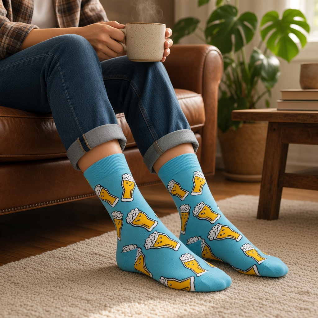 Mellow Monkey bamboo knit socks in sky blue with a beer glass pattern, worn by a person sitting on a leather sofa.