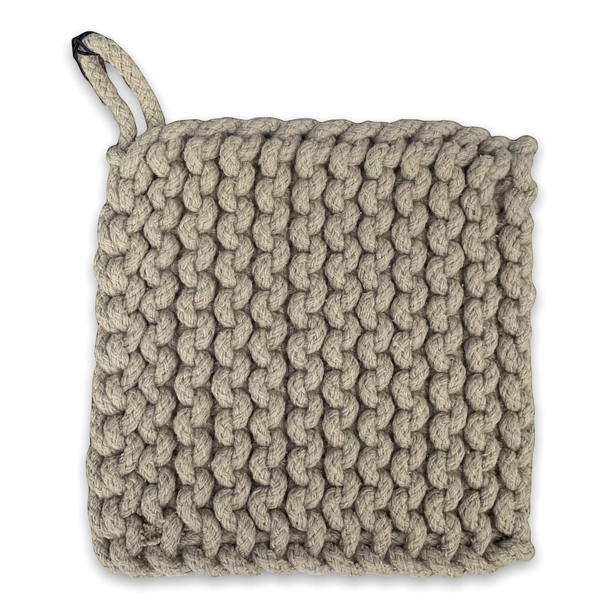 Mellow Monkey thick crocheted cotton pot holder in beige with a hanging loop. 8-inch square.